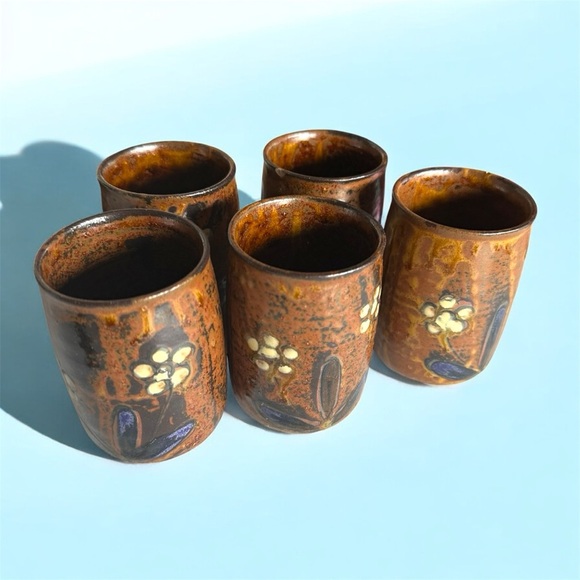 Vintage Hand Crafted set of 5 redware Glasses Hand Painted Floral Design - Picture 3 of 5